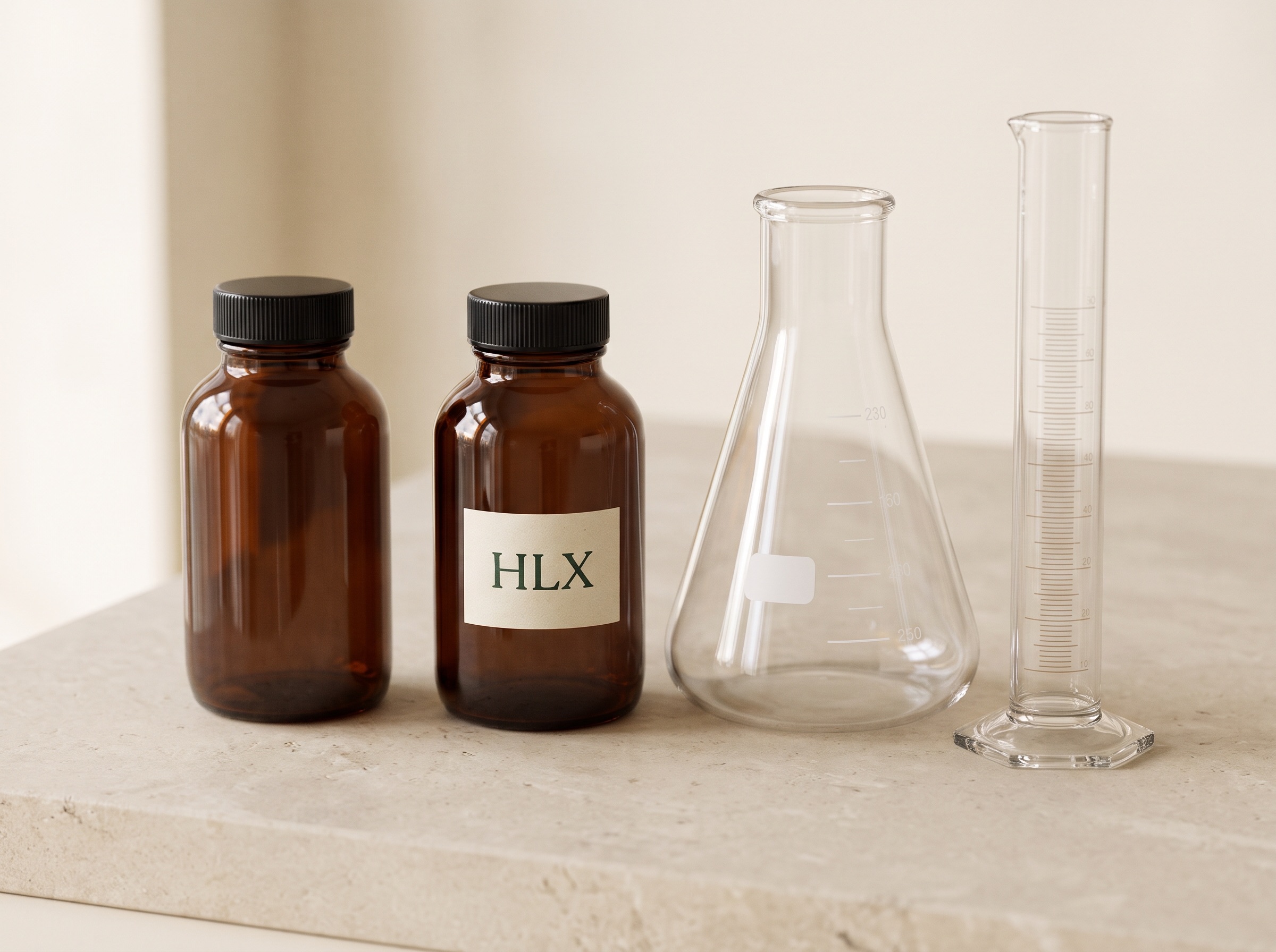 Amber laboratory bottles and transparent glassware on a softly lit stone bench